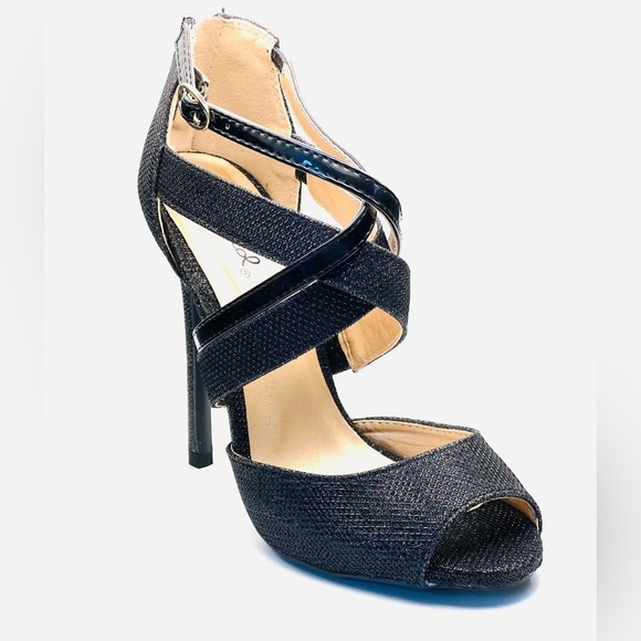 Qupid Women Glitter Peep Toe Criss Cross Stiletto Heel Sandal, Black, Size 7.5 - Picture 1 of 8